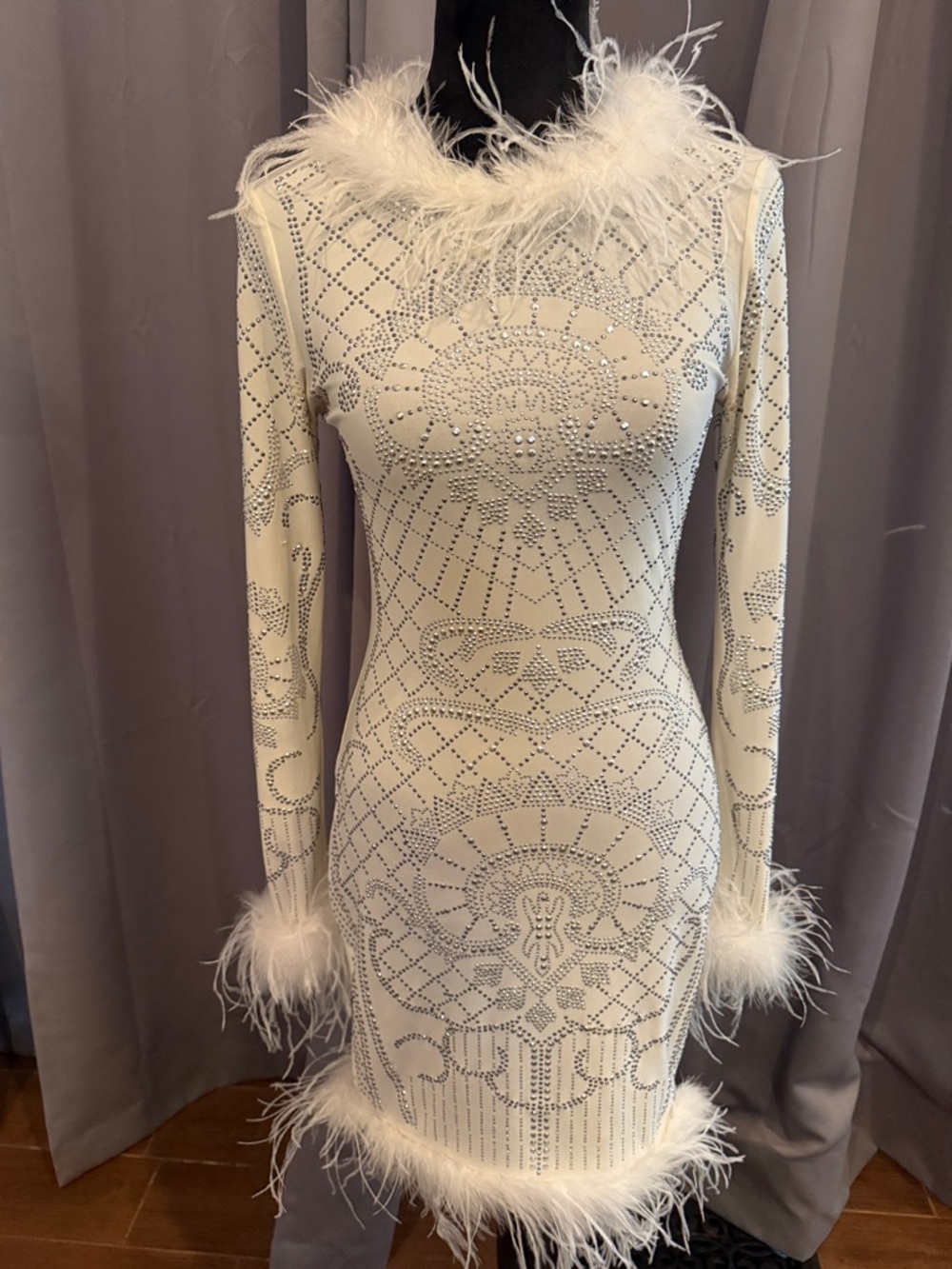 Arden B White Feather-Trim Rhinestone Bodycon Dress